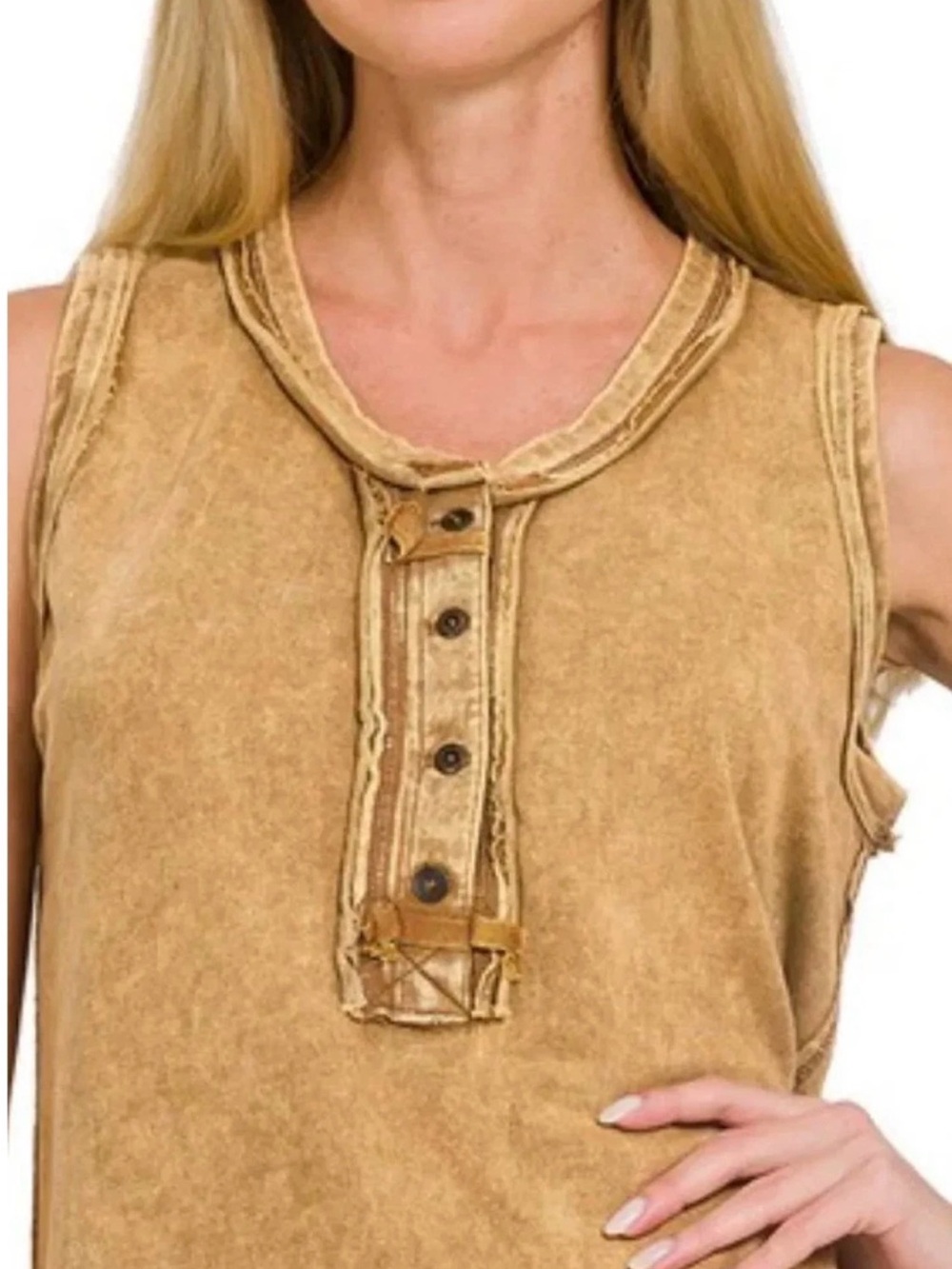 Zenana Mineral Washed Tan Sleeveless Henley Tank